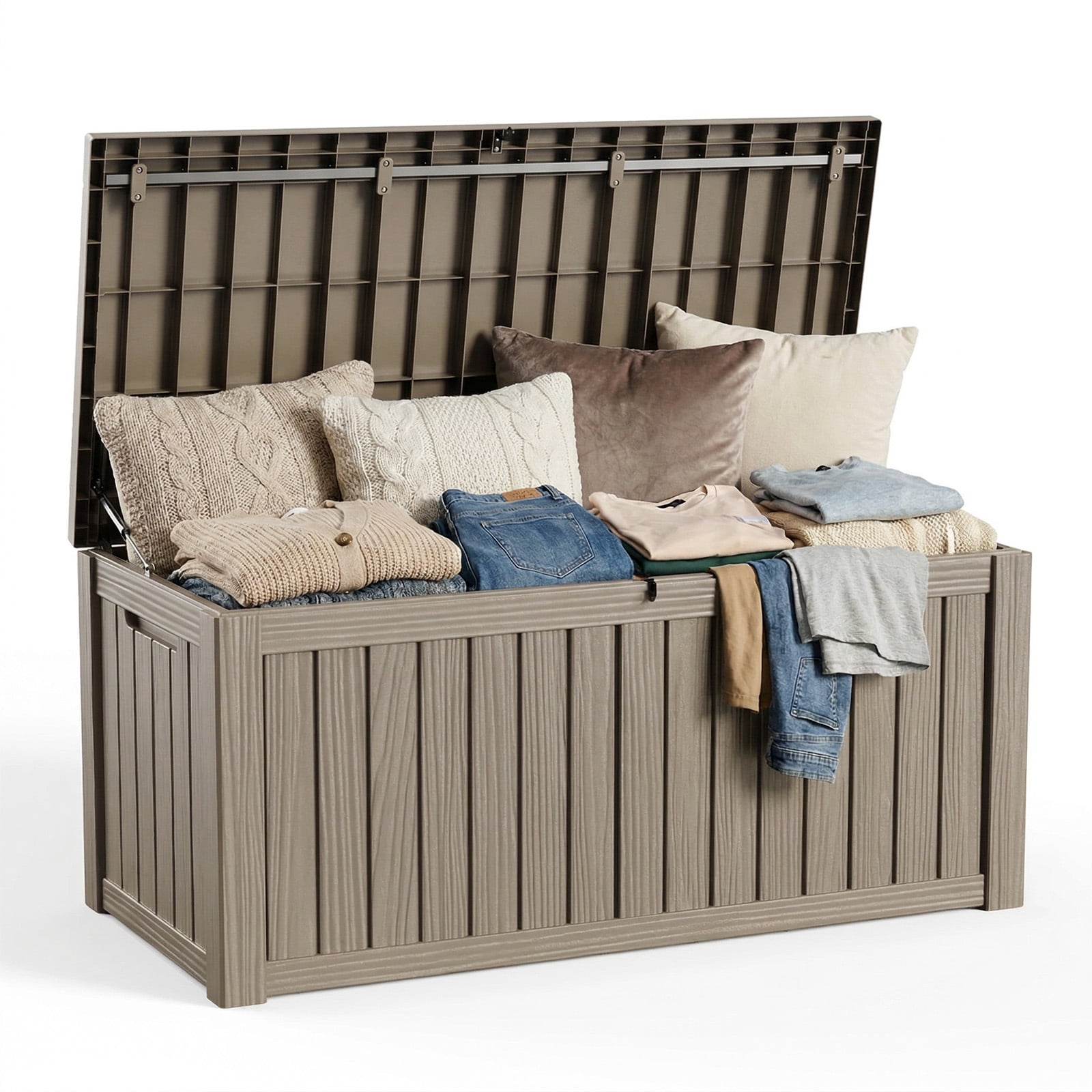 EASY UP 120gallon outdoor resin storage deck box, weather-resistant and lockable, suitable for storing tools, clothing, and packages; ideal for garages, gardens, and bedrooms (LIGHT BROWN).