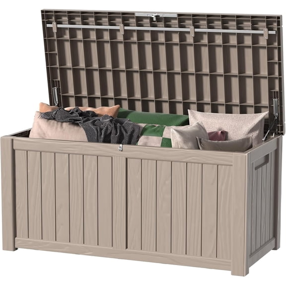 EASY UP 120gallon outdoor resin storage deck box, weather-resistant and lockable, suitable for storing tools, clothing, and packages; ideal for garages, gardens, and bedrooms (LIGHT BROWN).