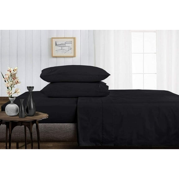 EASY BEDDING-100% Egyptian Cotton, 800 TC, 12" Deep Pocket Fitted Sheet, Flat Sheet & 2 Pillow Cases-Luxurious Sheet Set 4 Piece-Black Solid, Twin Size