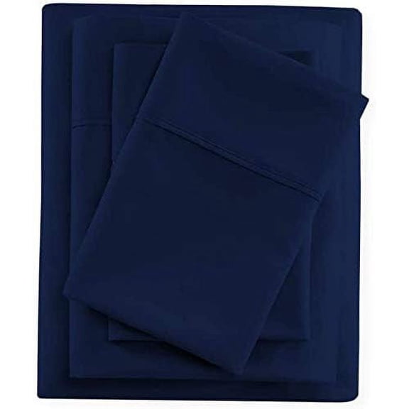 EASY BEDDING 4 Piece Bed Sheet Set, 100% Egyptian Cotton 400 Thread Count - Queen Size 16 Inch Deep Pocket - Navy Blue Solid.