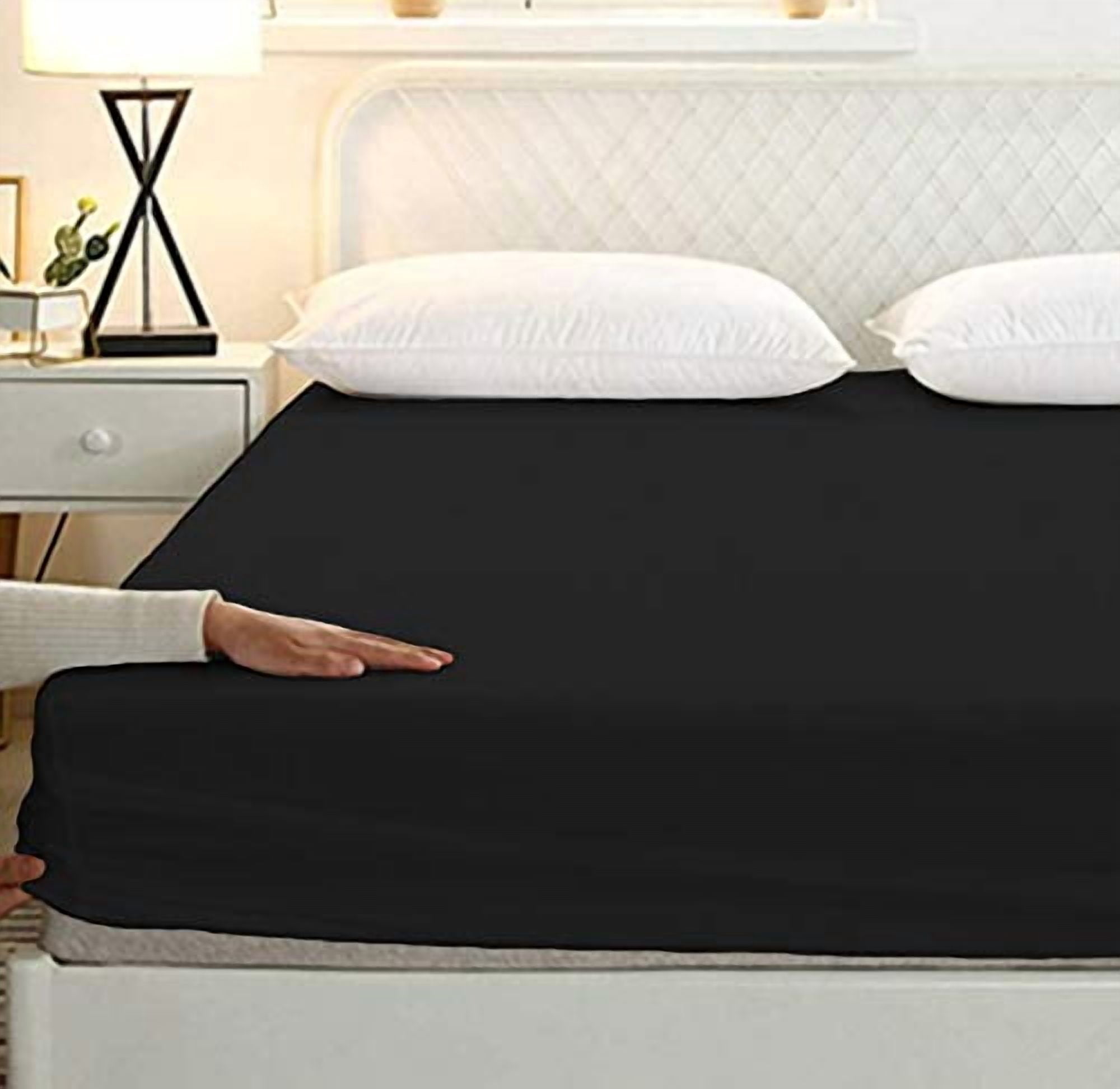 EASY BEDDING Olympic Queen Size Fitted Sheet 1 Piece Only, 100% Egyptian Cotton, 1000 TC, Fits up to 22 Inches Deep Pocket Bottom Sheet-Black Solid