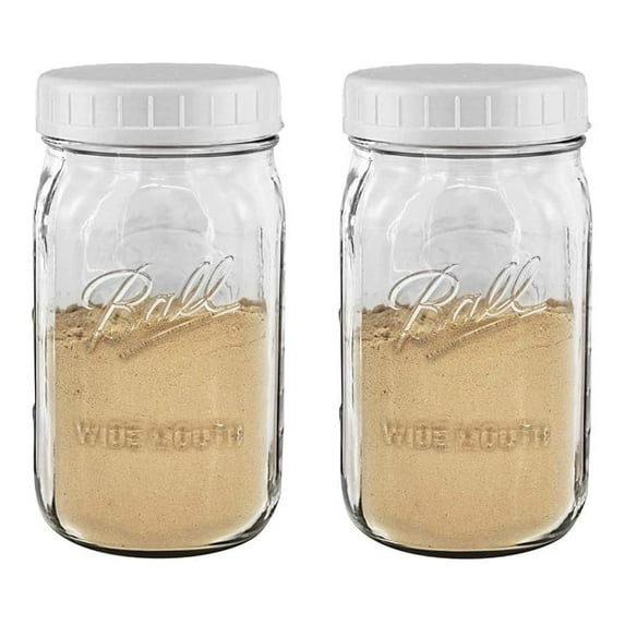 EASY-BUSY Kitchen Combo of 32 oz.-Quart Clear Glass Mason Canning Jar, With EB White Food Storage Plastic Lids Set of 2, Wide Mouth fit WM & Kerr jars & Containers, Reusable, BPA Free,