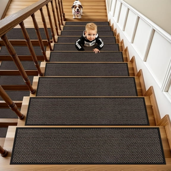 EASY JUTE Non-Slip Stair Treads Indoor Anti-Slip Floor Mats for Use on Staircases Treads for Wooden Steps for Kids Elders Pets, Cotton Soft Stair Runner Rubber Backed, 15PCS, Beige