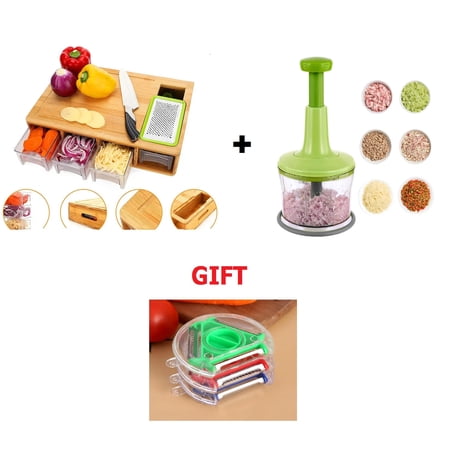 EASY KOOK Combo Bamboo Cutting Board For Kitchen with 4 Storage Containers Drawers Cover +Grater+Hand Chopper+Gift
