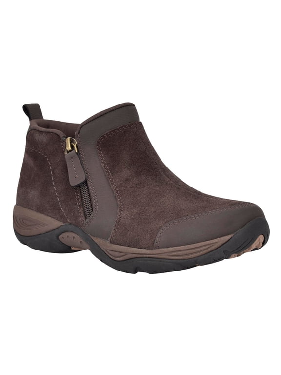 Womens Brown Mixed Media Goring Removable Insole Arch Support Traction Sole Back Pull-Tab Water Resistant Cushioned Evony Round Toe Wedge Zip-Up Leather Booties 9 M