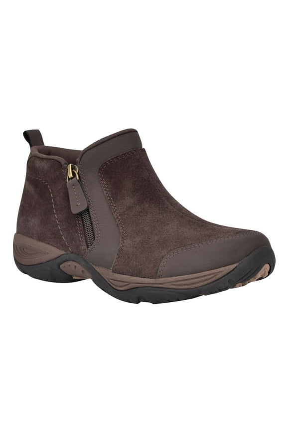 Womens Brown Mixed Media Goring Removable Insole Arch Support Traction Sole Back Pull-Tab Water Resistant Cushioned Evony Round Toe Wedge Zip-Up Leather Booties 9 M