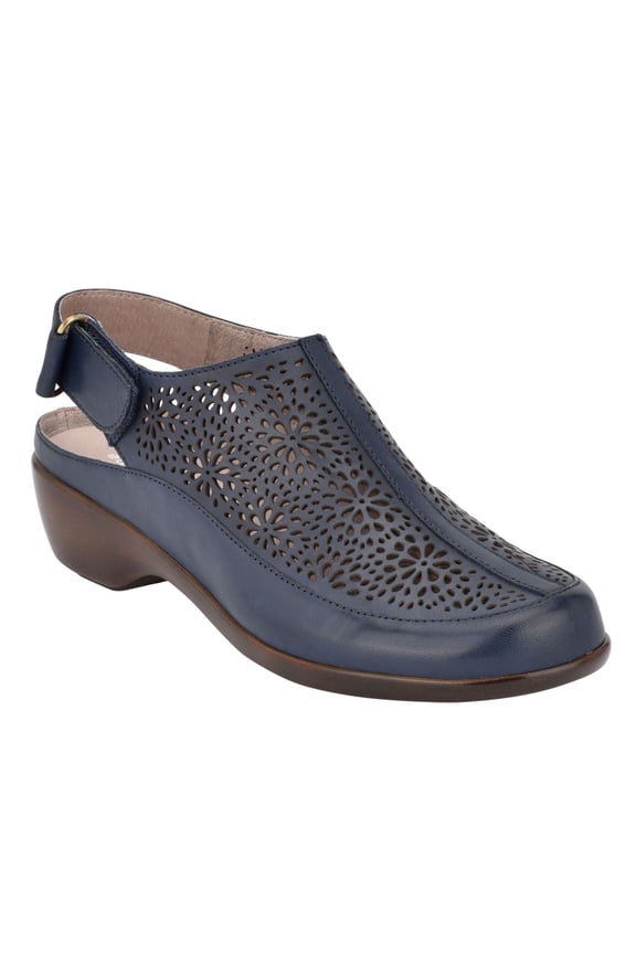 Womens Dark Blue Navy Perforated Slingback Arch Support Cushioned Dawn Almond Toe Wedge Leather Clogs 9.5 W