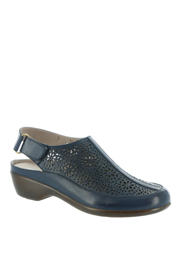 Womens Dark Blue Perforated Slingback Arch Support Cushioned Dawn Almond Toe Wedge Leather Clogs Shoes 5 M