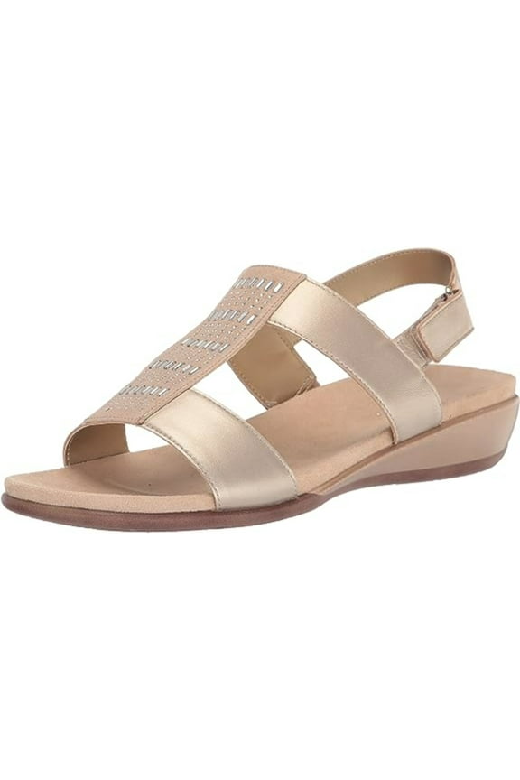 Womens Gold Mixed Media Adjustable Arch Support Goring Comfort Rhinestone Metallic Hazel Round Toe Wedge Leather Slingback Sandal 8 W