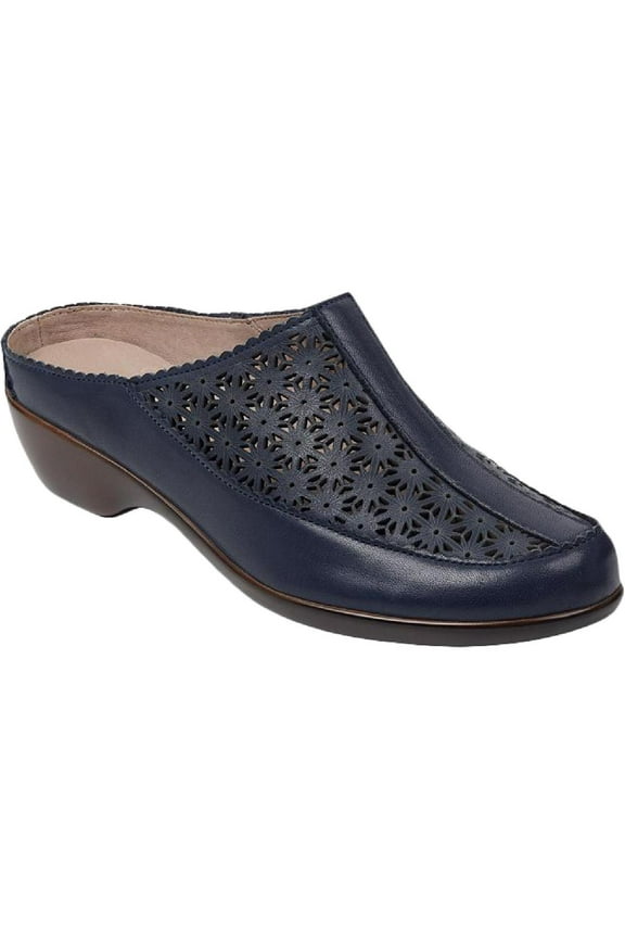 Womens Navy Perforated Clog Removable Insole Arch Support Cushioned Dusk Round Toe Slip On Leather Heeled Mules Shoes 11 M