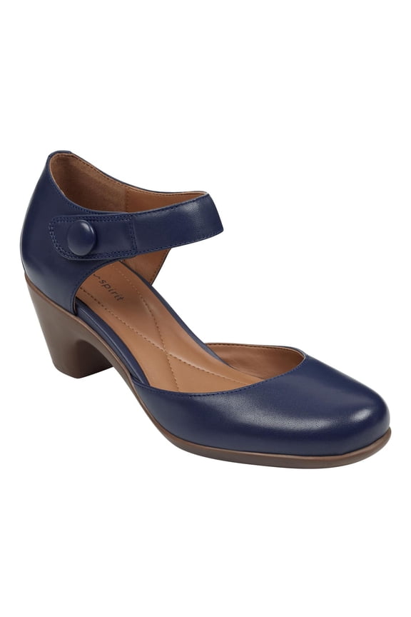 Womens Navy Shock Absorbent Cushioned Arch Support Button Accent Clarice Round Toe Block Heel Leather Pumps Shoes 10 M