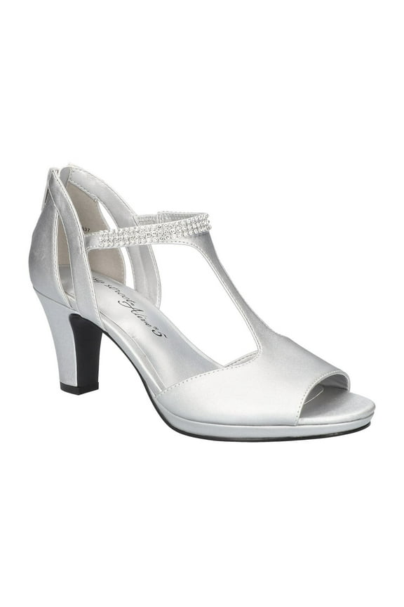 ALIVE AT 5 Womens Silver Rhinestone T-Strap Flash Round Toe Block Heel Zip-Up Dress Heeled Sandal 8.5 M