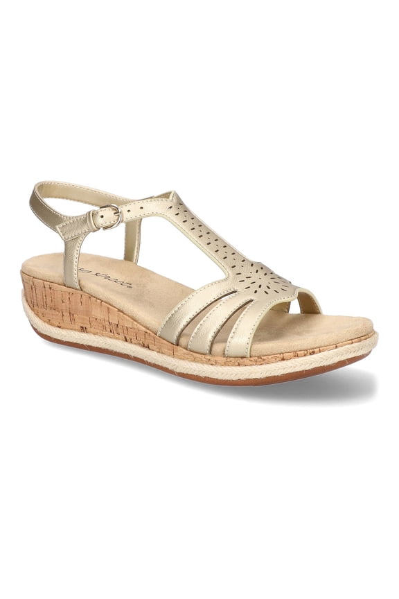 Womens Gold Padded Cork-Like 1" Platform Perforated Adjustable Dorinda Round Toe Wedge Buckle Espadrille Shoes 7.5 M