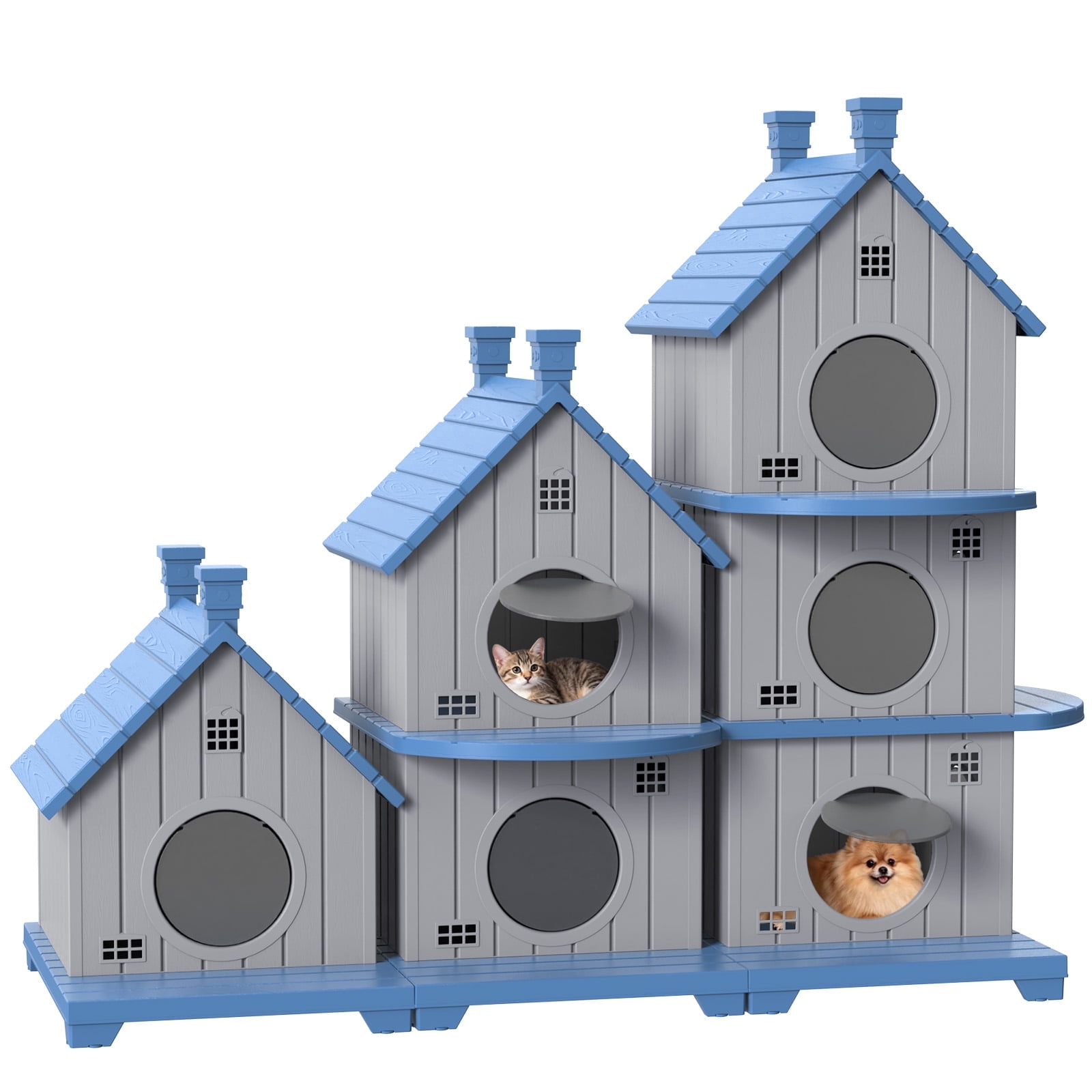 EASY UP Resin Outdoor Cat House,Villa, Multi-layer Design, Weather-resistant and Moisture-proof (Blue)