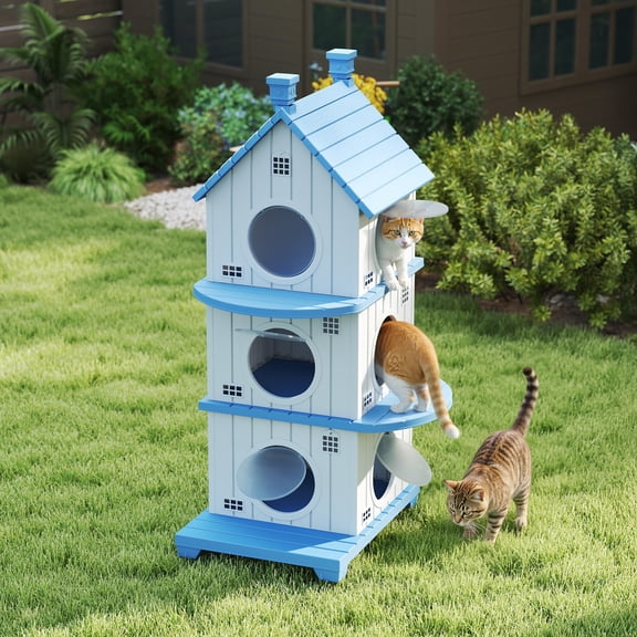 EASY UP Resin Outdoor Cat House,Villa, Multi-layer Design, Weather-resistant and Moisture-proof (Blue)
