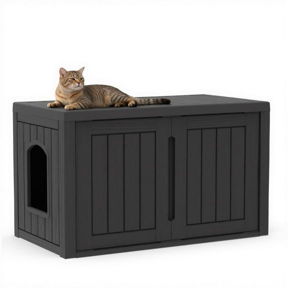 EASY UP resin cat house weatherproof scratch-resistant outdoor and indoor cat litter rooms stray cats pet supplies storage(black)