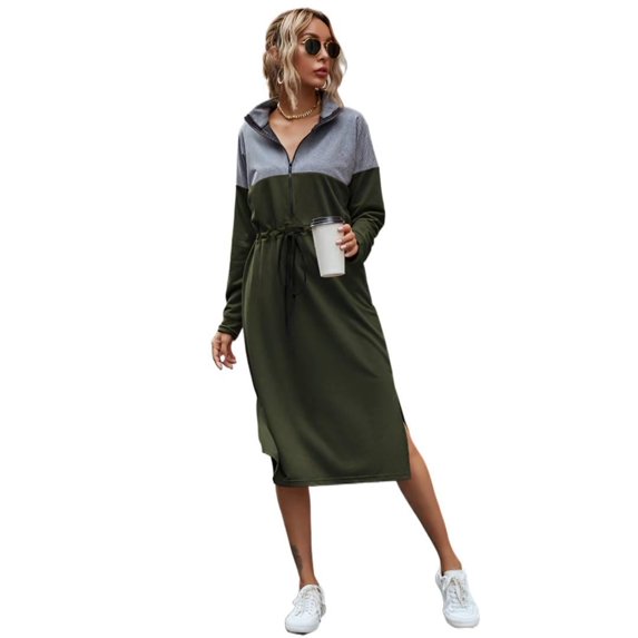 Color Block Sweatshirt Dress Long Sleeve Stand Collar Casual Pullover Mid Length A Line Dress S XL