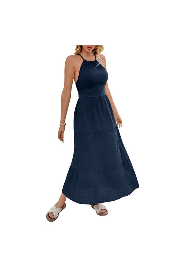 Halter Neck Maxi Dress Backless Solid Color Slim Fit Resort Travel Long Dress