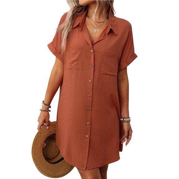 Shirt Dress Cotton Linen Short Sleeve Striped A Line Mid Length Casual Work Dress S-XL