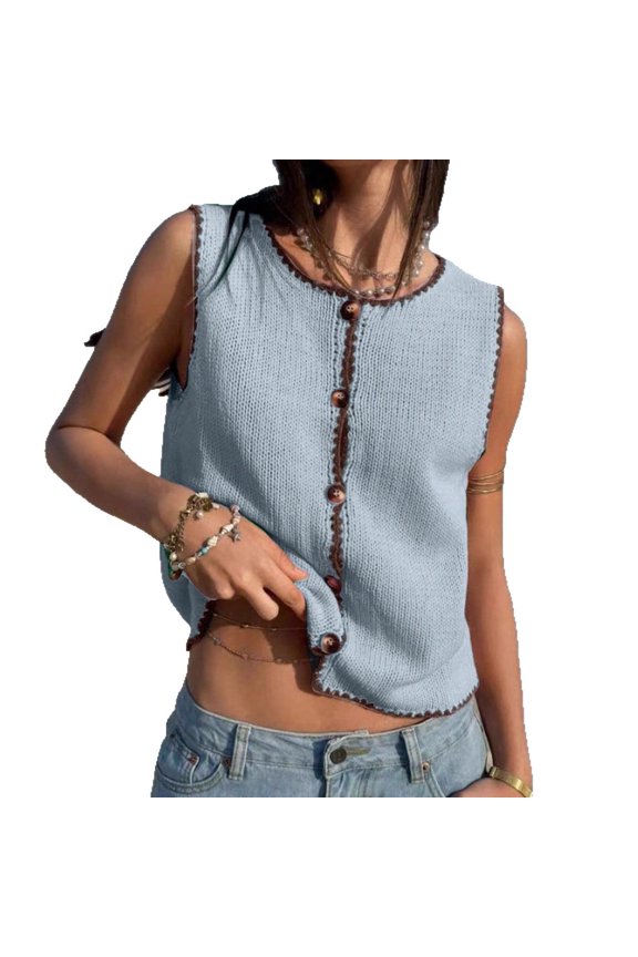 Sleeveless Cardigan Sweater Slim Fit Hand Crocheted Button Front Casual Layering Short Length