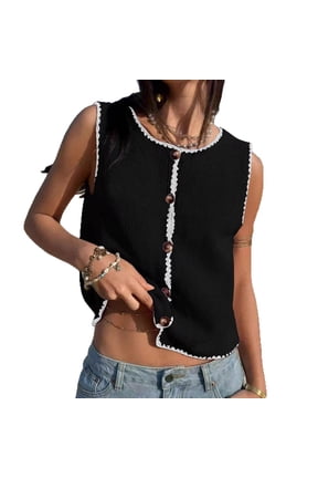 Sleeveless Cardigan Sweater Slim Fit Hand Crocheted Button Front Casual Layering Short Length