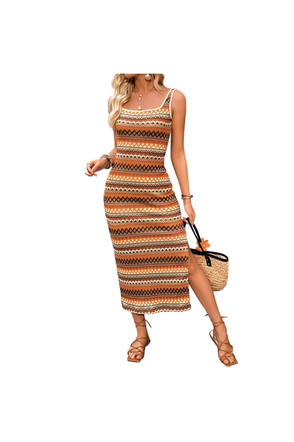 Strapless Slip Dress Geometric Stripe Knit Slit Summer Beach Dress Orange Green S–XL