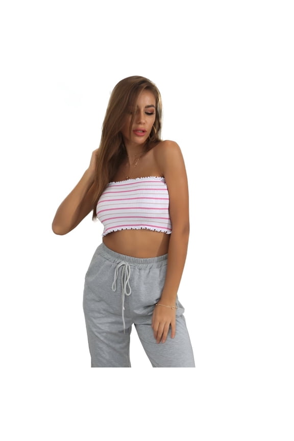 Striped Strapless Tube Top Slim Fit Summer Casual Crop Top For Women Pink White S M L XL