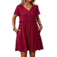 thumbnail image 1 of Women A Line Dress Bamboo Cotton V Neck Short Sleeve Summer Mid Length Loose Fit, 1 of 7