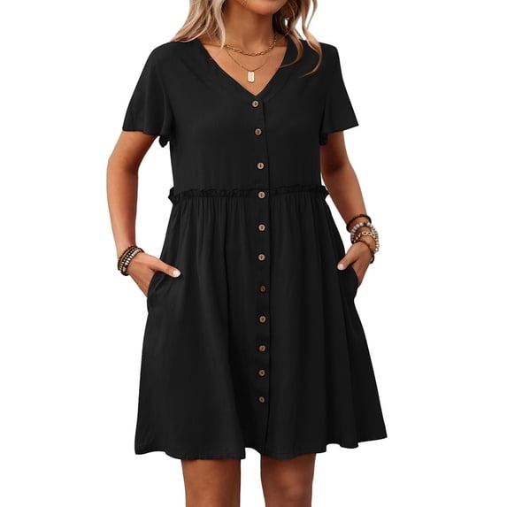 Women A Line Dress Bamboo Cotton V Neck Short Sleeve Summer Mid Length Loose Fit