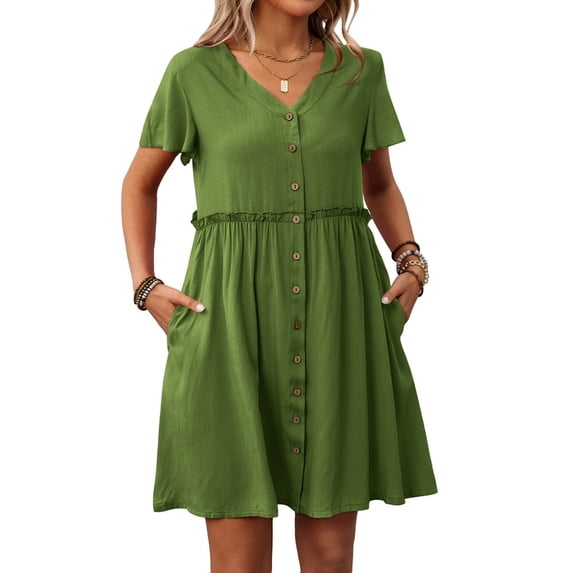 Women A Line Dress Bamboo Cotton V Neck Short Sleeve Summer Mid Length Loose Fit