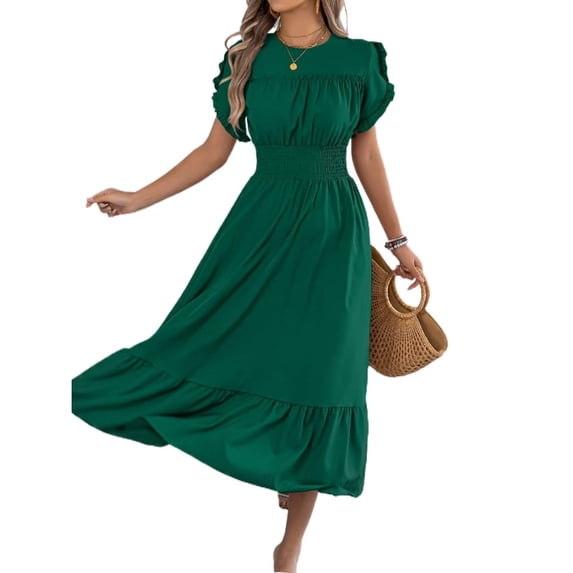 Women A Line Long Dress Short Ruffle Sleeve Casual Daily Wear Slim Fit Solid Color Round Neck S XL