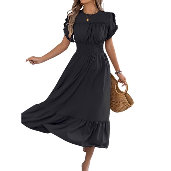 Women A Line Long Dress Short Ruffle Sleeve Casual Daily Wear Slim Fit Solid Color Round Neck S XL