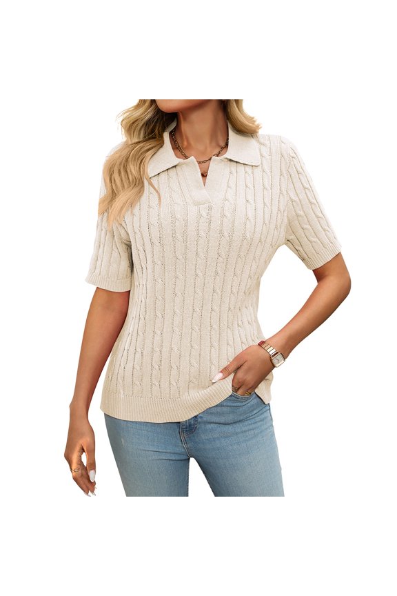 Women Cable Knit Sweater Polo Collar Loose Fit Pullover Casual Wear Cotton Polyester