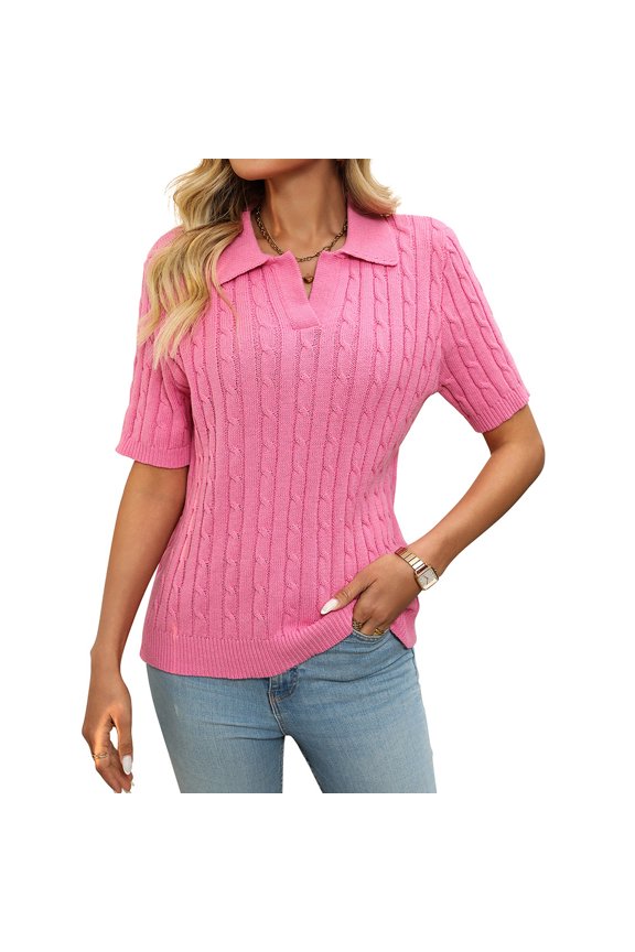 Women Cable Knit Sweater Polo Collar Loose Fit Pullover Casual Wear Cotton Polyester