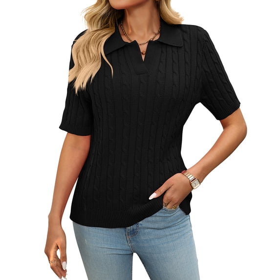 EASYBRA Women Cable Knit Sweater Polo Collar Loose Fit Pullover Casual Wear Cotton Polyester