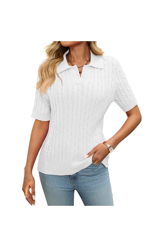 Women Cable Knit Sweater Polo Collar Loose Fit Pullover Casual Wear Cotton Polyester