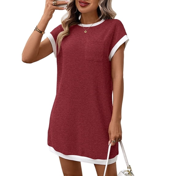 Women Casual A Line Dress Loose Fit Short Sleeve Round Neck Mid Length Summer Everyday Wear