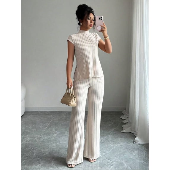 EASYBRA Women Casual Ribbed Two Piece Outfit Short Sleeve T Shirt and Long Pants Lounge Set Comfortable Everyday Fashion