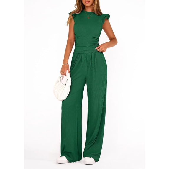 EASYBRA Women Casual Two Piece Outfit Ruffle Sleeve Top and Pleated Wide Leg Pants Summer Fashion Set