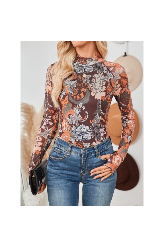 EASYBRA Women Floral Mesh Turtleneck Long Sleeve Slim Fit Base Layer Shirt Elegant Sheer Stretch Top