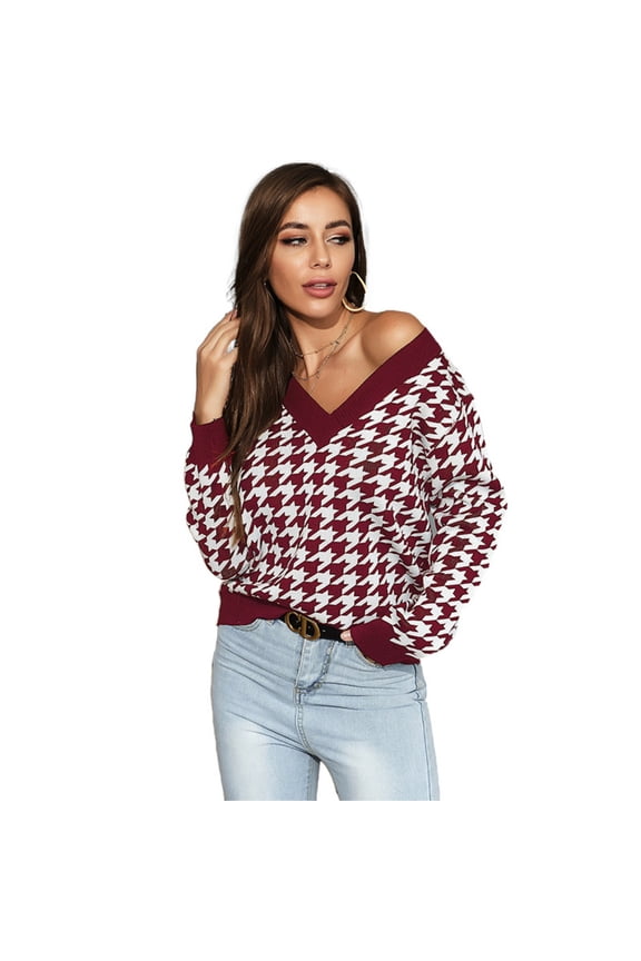 EASYBRA Women Houndstooth Jacquard Knit Sweater Long Sleeve V Neck Slim Fit Cropped Pullover Top
