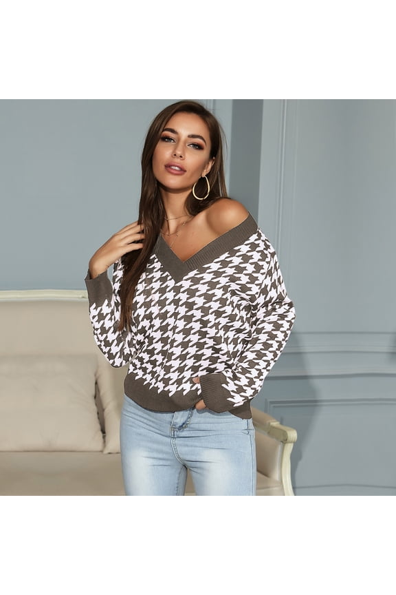 EASYBRA Women Houndstooth Jacquard Knit Sweater Long Sleeve V Neck Slim Fit Cropped Pullover Top