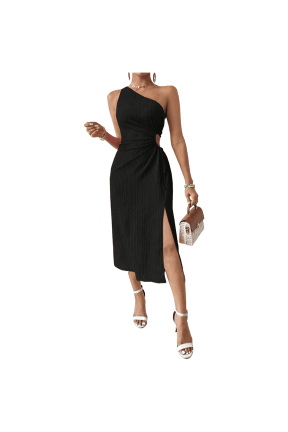 EASYBRA Women One Shoulder Asymmetrical Slit Dress Sleeveless Elegant Midi Party Dress