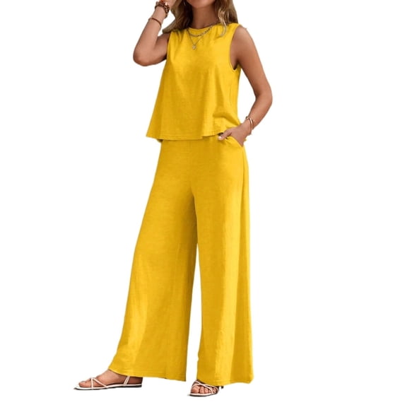 EASYBRA Women Pants Suit Sleeveless Solid Color Cotton Casual Wear Long Pants Set Sizes S–2XL