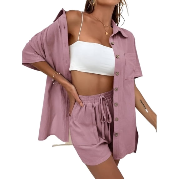 EASYBRA Women Pants Suit Solid Color Casual Summer Set Cardigan Shorts Outfit Polyester Fabric Sizes S-3XL