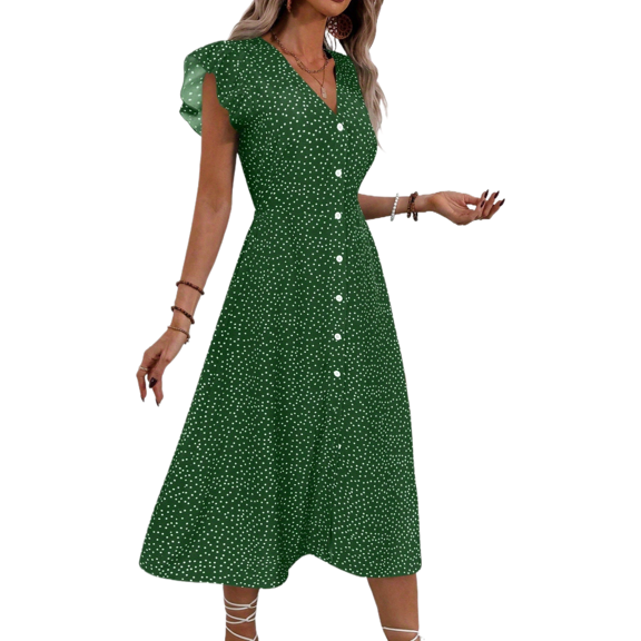 EASYBRA Women Polka Dot Midi Dress V Neck Button Front A Line Retro Summer Casual Elegant Dress