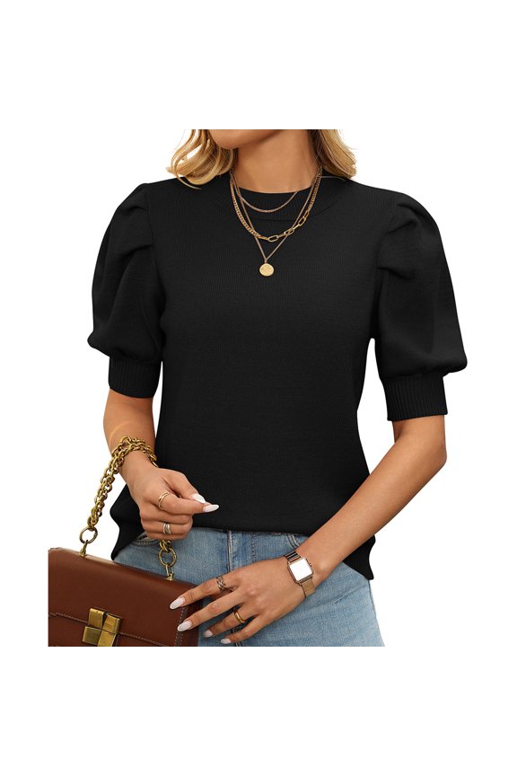 Women Puff Sleeve Sweater Half High Collar Pullover Loose Fit Elegant Commuter Top Solid Color S XL