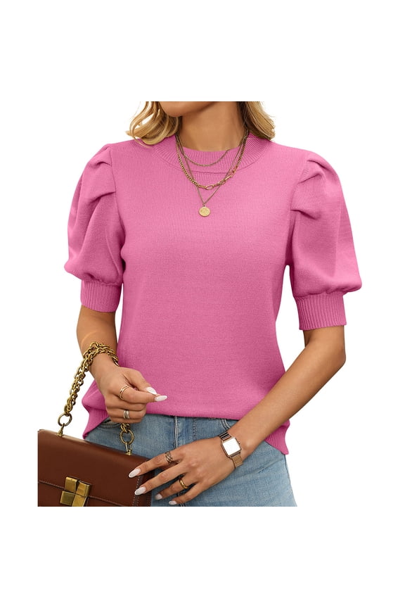 Women Puff Sleeve Sweater Half High Collar Pullover Loose Fit Elegant Commuter Top Solid Color S XL