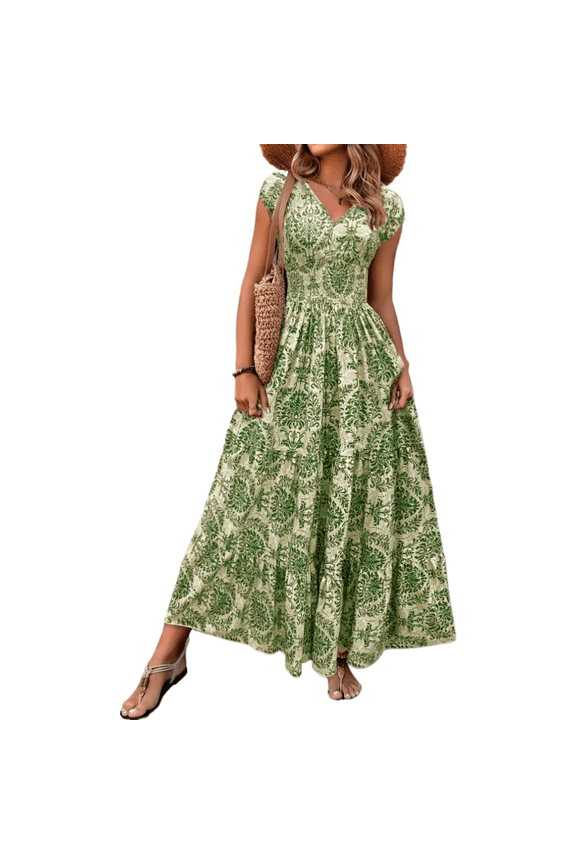 EASYBRA Women Retro Floral Print V Neck Short Sleeve Maxi Dress Elegant Casual A Line Summer Dress