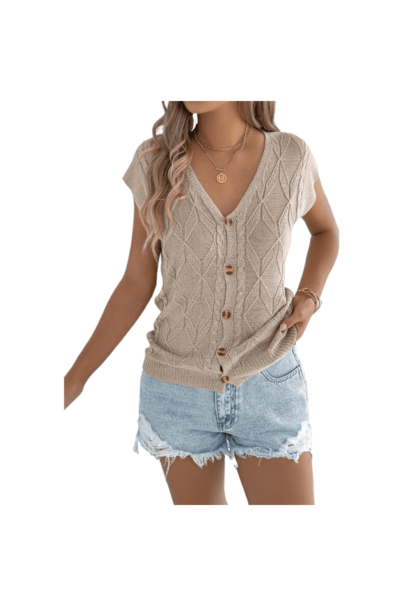 EASYBRA Women Sleeveless V Neck Knit Top Button Casual Summer Batwing Lightweight Pullover
